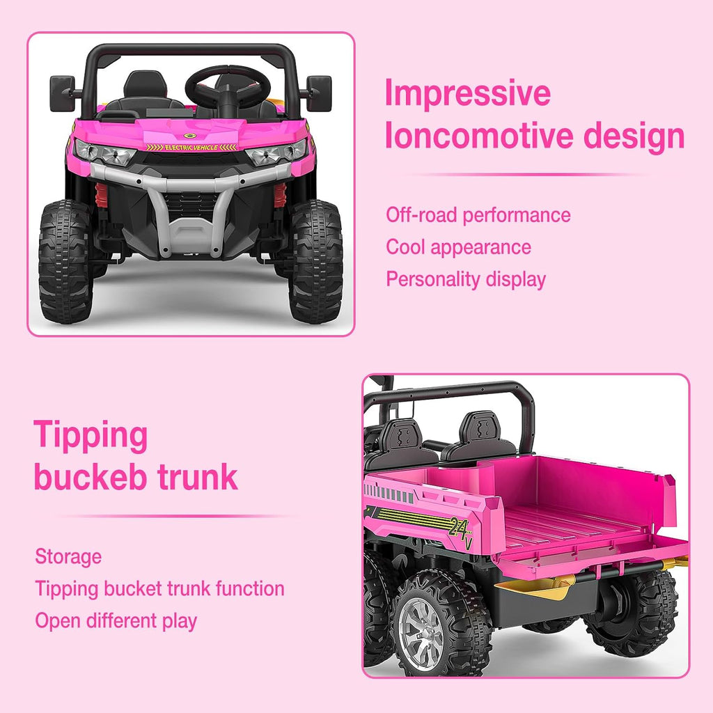 Hetoy 24V Ride on Dump Truck with Remote Control, Electric Dump Bed, Electric Utility Vehicles UTV 4WD Battery Powered 6 Wheeler Ride On Toys for Boys Girls (Pink)