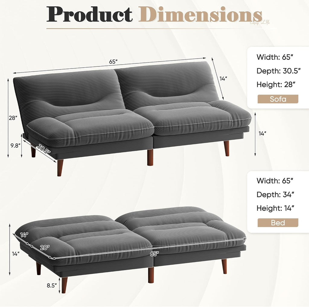 Homall Futon Sofa Bed, Modern Loveseat Futon Couch with Adjustable Backrest and Armrests, Sleeper Sofa Bed with Wood Frame for Living Room, Office, Apartment (Corduroy, Dove Gray)