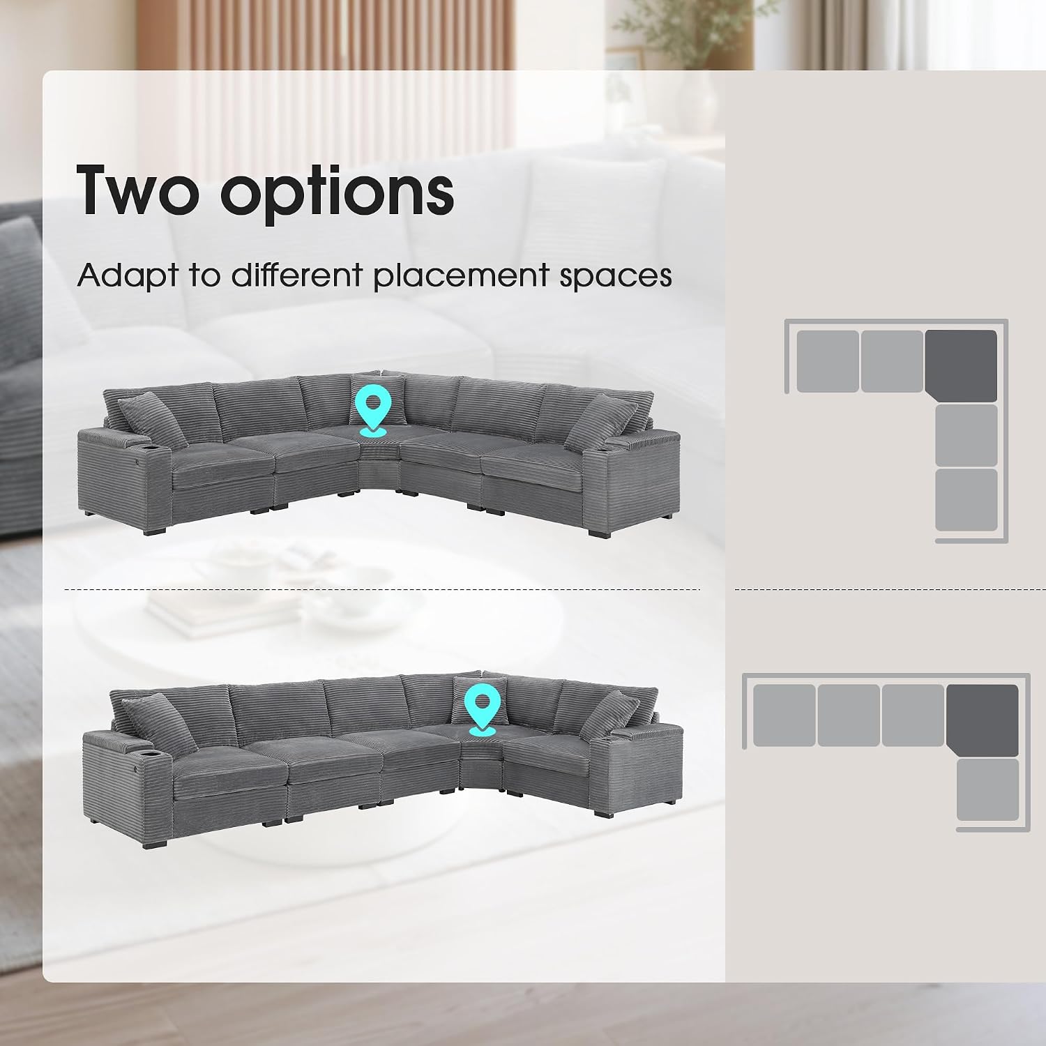 Merax 106' Corduroy Sectional Corner Sofa with Cup Holders & USB Charger, 5 Seat Convertible L Shaped Couch Set with Armrest Storage, Oversized Comfy Modular Sofabed for Living Room & Apartment, Gray