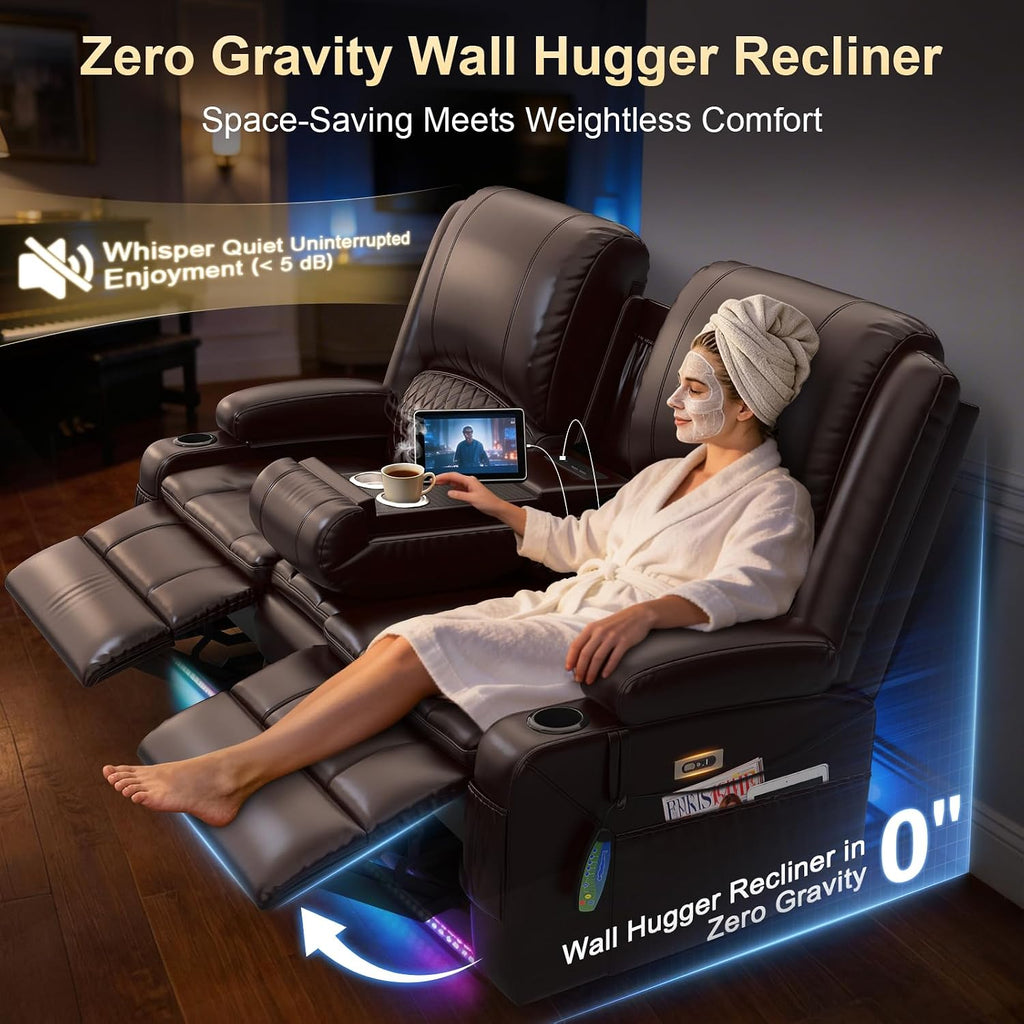 Power Recliner Loveseat Recliner with Massage and Lumbar Heating, Home Theater Reclining Loveseat with Flip Console, RV Couch Wall Hugger with 2 Speakers, Storage, USB, Outlet & LED (PU, Brown)