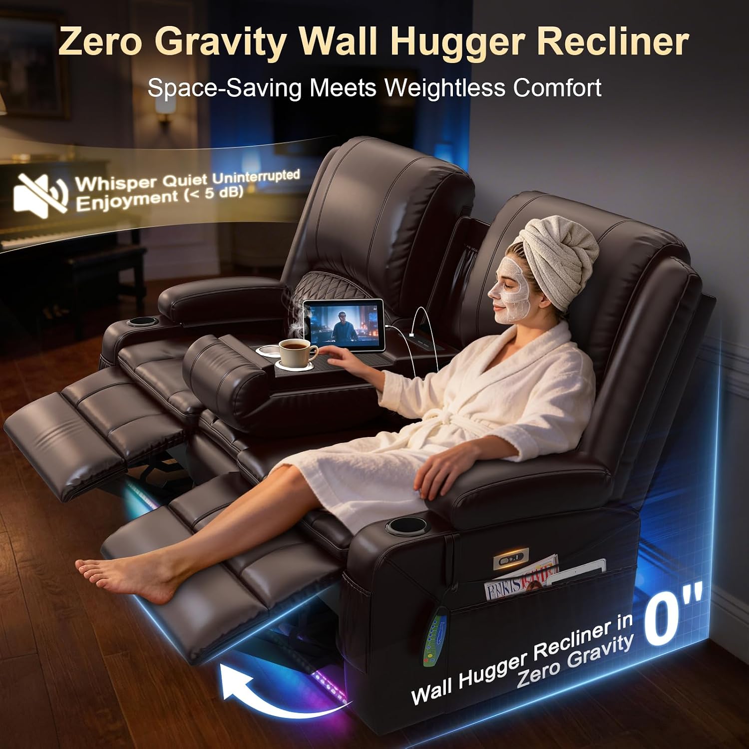 Power Recliner Loveseat Recliner with Massage and Lumbar Heating, Home Theater Reclining Loveseat with Flip Console, RV Couch Wall Hugger with 2 Speakers, Storage, USB, Outlet & LED (PU, Brown)
