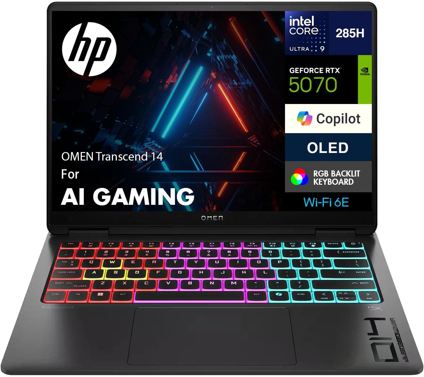 HP OMEN Transcend 14 AI Gaming Laptop 14.0' 2.8K (Intel Ultra 9-285H, GeForce RTX 5070 8GB, 32GB LPDDR5X, 1TB PCIe SSD, Win 11 Pro) w/DKZ USB Port Expander