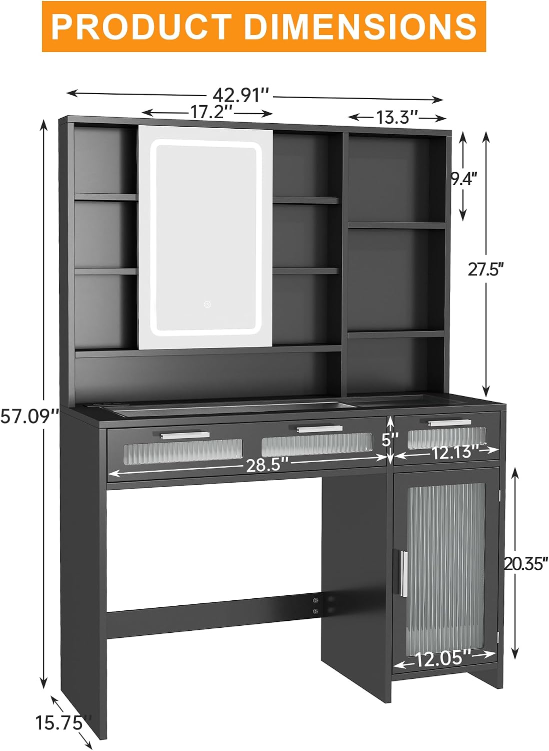 Hadulcet Black Vanity Desk with Mirror and Lights, 43' Makeup Vanity Desk with Glass Top, Power Outlets, 2 Drawers, 10 Shelves & Acrylic Cabinet, LED Vanity Table for Girls Women Gift
