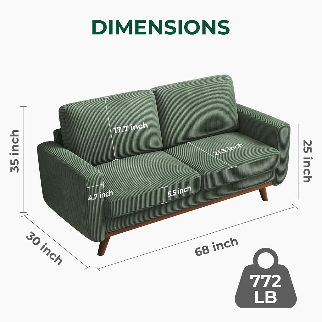 Vesgantti 68' Loveseat Sofa - Green, Comfy Corduroy with Spring Cushion, Solid Wood Frame, Modern Deep Seat, Bedroom & Living Room, Office Couch