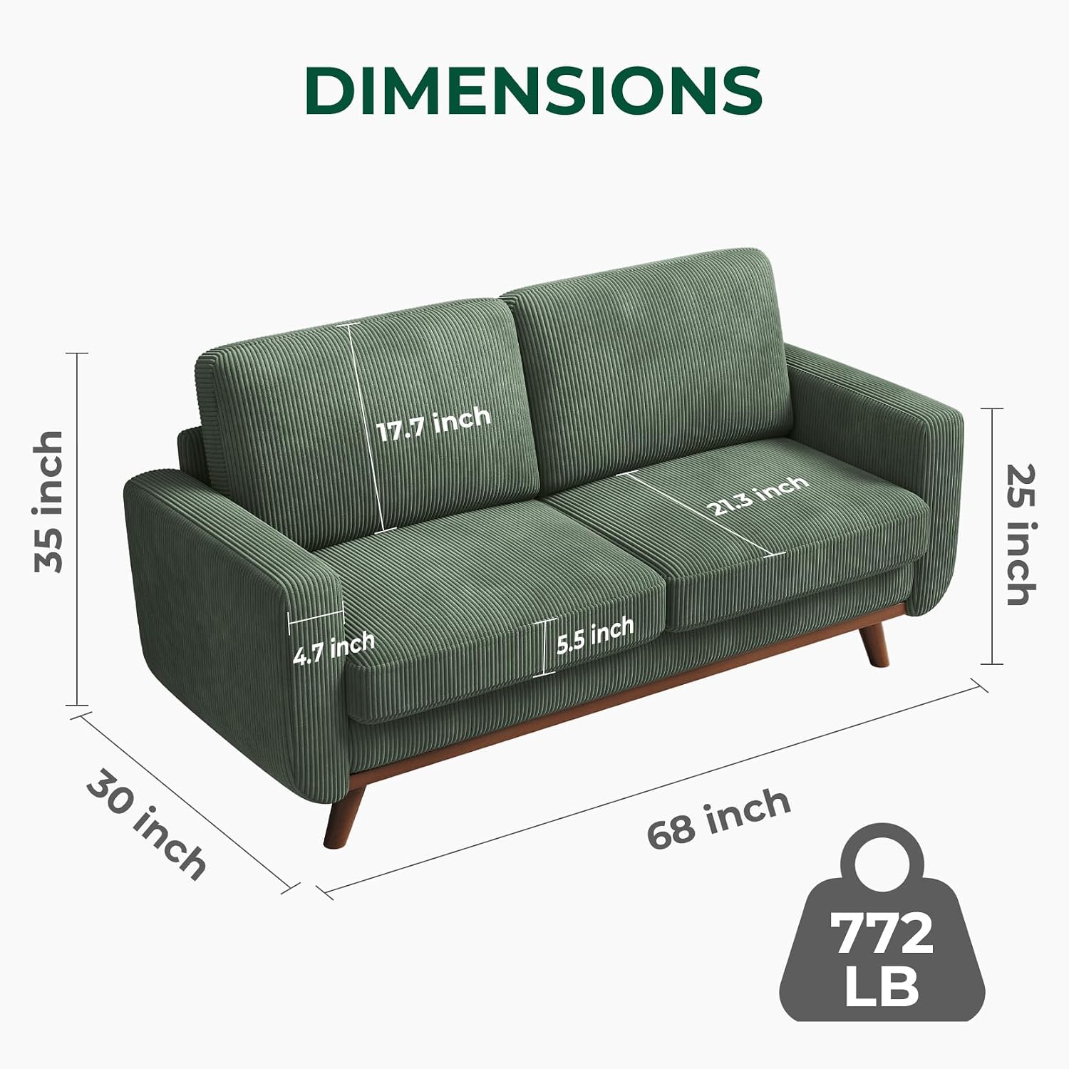 Vesgantti 68' Loveseat Sofa - Green, Comfy Corduroy with Spring Cushion, Solid Wood Frame, Modern Deep Seat, Bedroom & Living Room, Office Couch