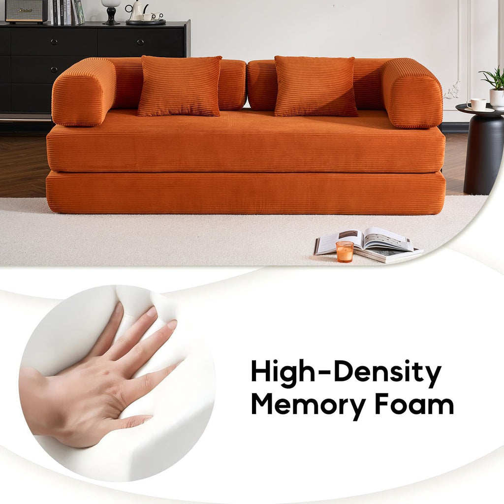 ZEIINPA Convertible Folding Couch Bed, Comfy Corduroy Sleeper Floor Sofa Bed with Fixed-Shape Frame, Floor Sofa with Armrest, Lounge Couch for Living Room Bedroom Lounge Studio, Orange