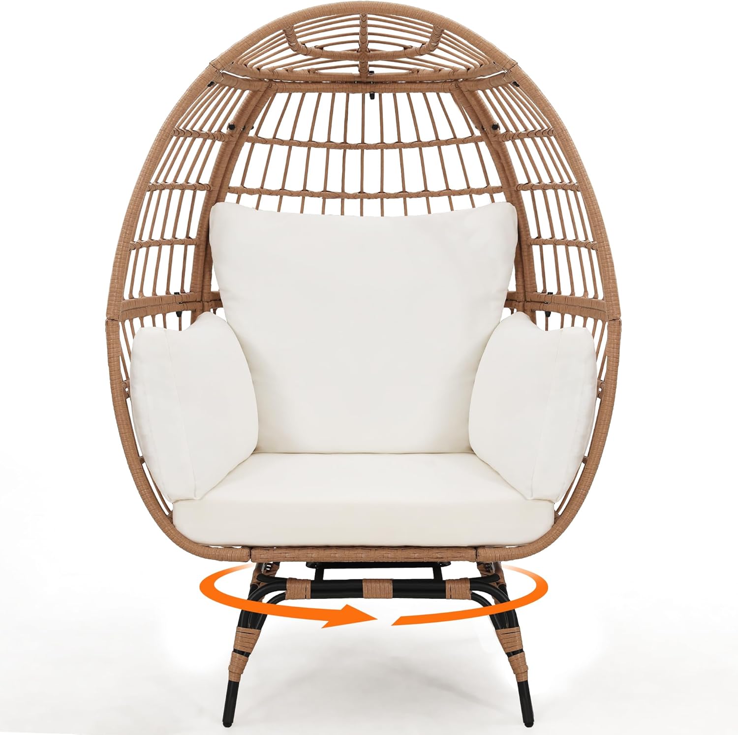 Murago Oversized 360° Swivel Rattan Egg Chair for Adult, Indoor Outdoor Patio Large Wicker Egg Chair with Overstuffed Cushions, 440lb Weight Capacity, Natural Rattan with Beige Cushion