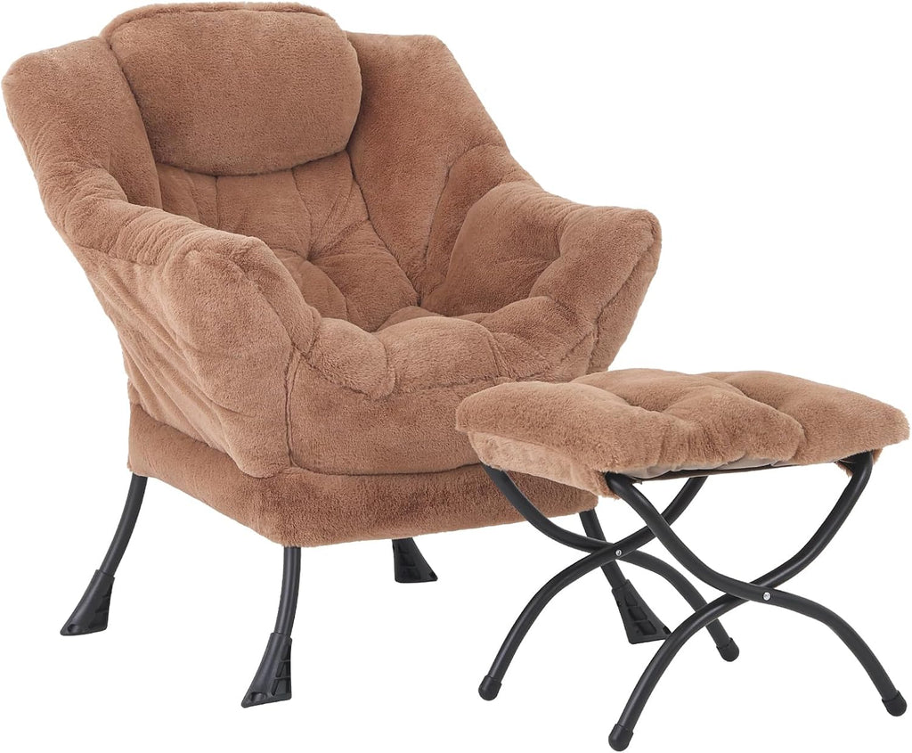 MBOOYOME Lazy Chair with Ottoman, Modern Accent Lounge Armchair with Side Pocket & Foldable Footstool, Leisure Reading Chair for Living Room, Bedroom, Dorm & Office, Plush Brown
