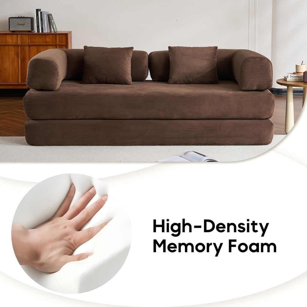 ZEIINPA Convertible Sleeper Sofa Bed, Corduroy Floor Couch with Fixed-Shape Frame, Comfy Modular Floor Sofa with Pull Out Bed, Sleeper Loveseat Boneless Couch for Living Room, Brown