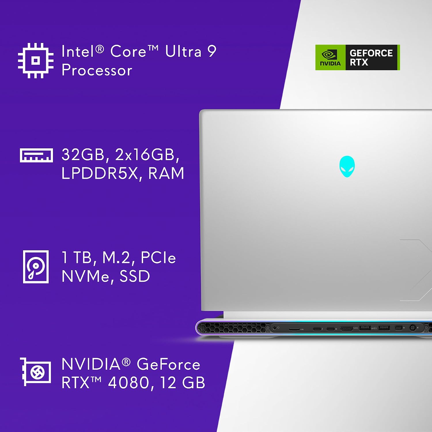 Alienware X16 R2 Gaming Laptop - 16-inch QHD+ 240Hz 3ms Display, Intel Core Ultra 9-185H, 32GB LPDDR5X RAM, 1TB SSD, NVIDIA GeForce RTX 4080 12GB GDDR6, Windows 11 Home, Onsite Service - Lunar Silver