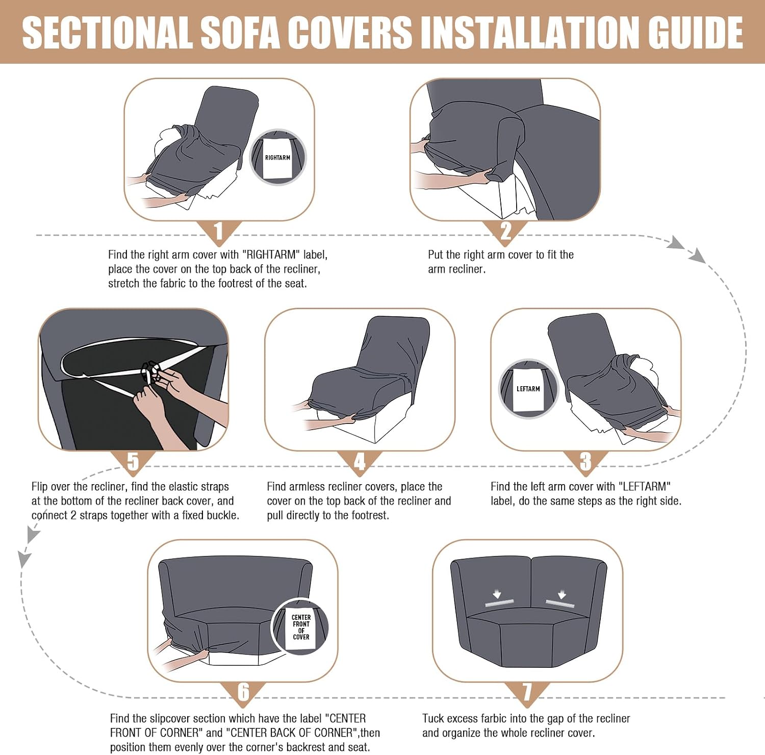 VANSOFY Extra Large Reclining Sectional Couch Covers, Washable 5-Piece Sofa Covers for L Shape Sectional Sofa Corner Seater, Thick, Soft Sofa Slipcovers (5 Seat Recliner Cover，Black)