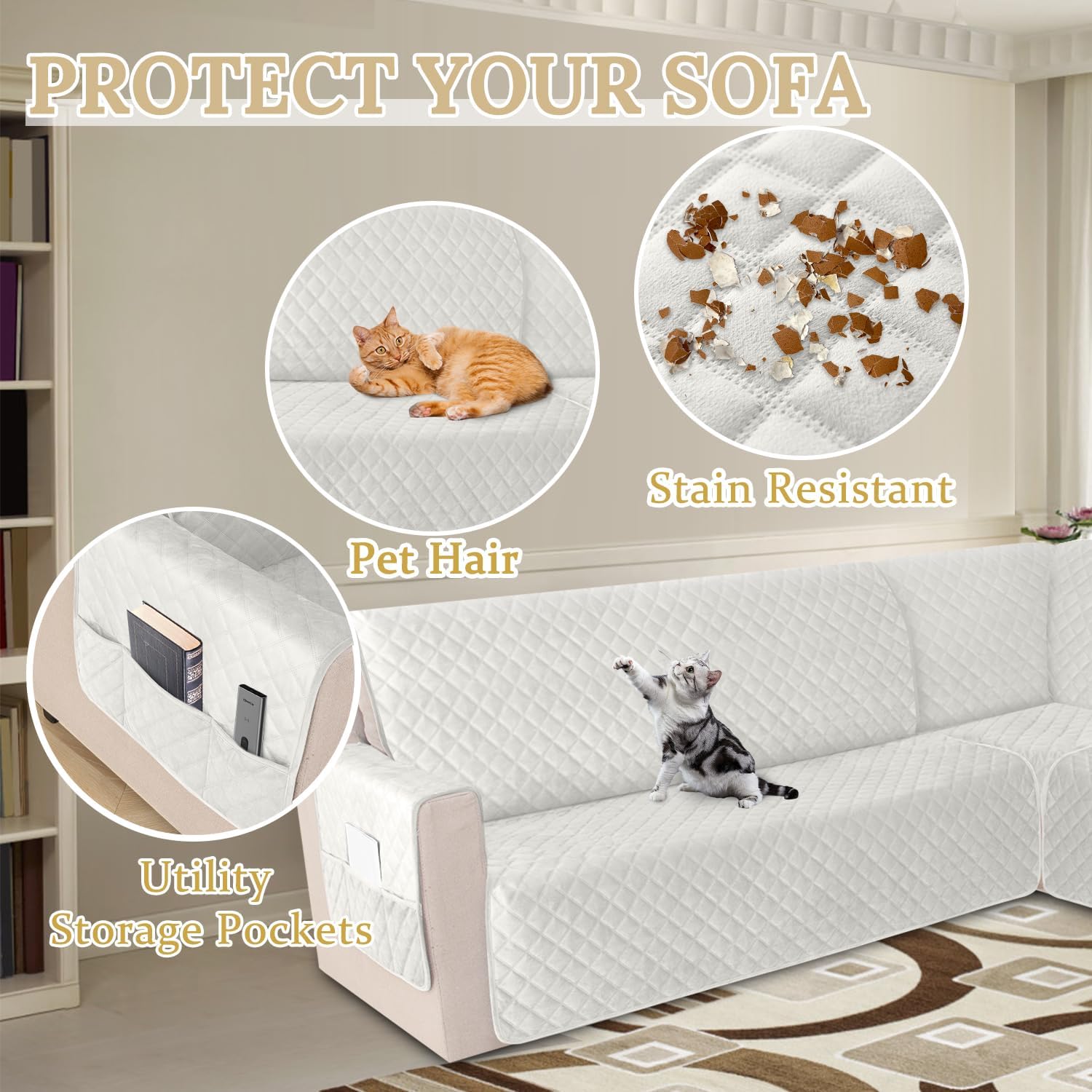 HDCAXKJ Waterproof Corner Sectional Couch Cover Velvet L Shape Sofa Covers for Pets Dogs Soft Heavy Duty U Shaped Sofa Slipcovers Sets for Sectional Non Slip Furniture Protector (Cream, XX-Large)