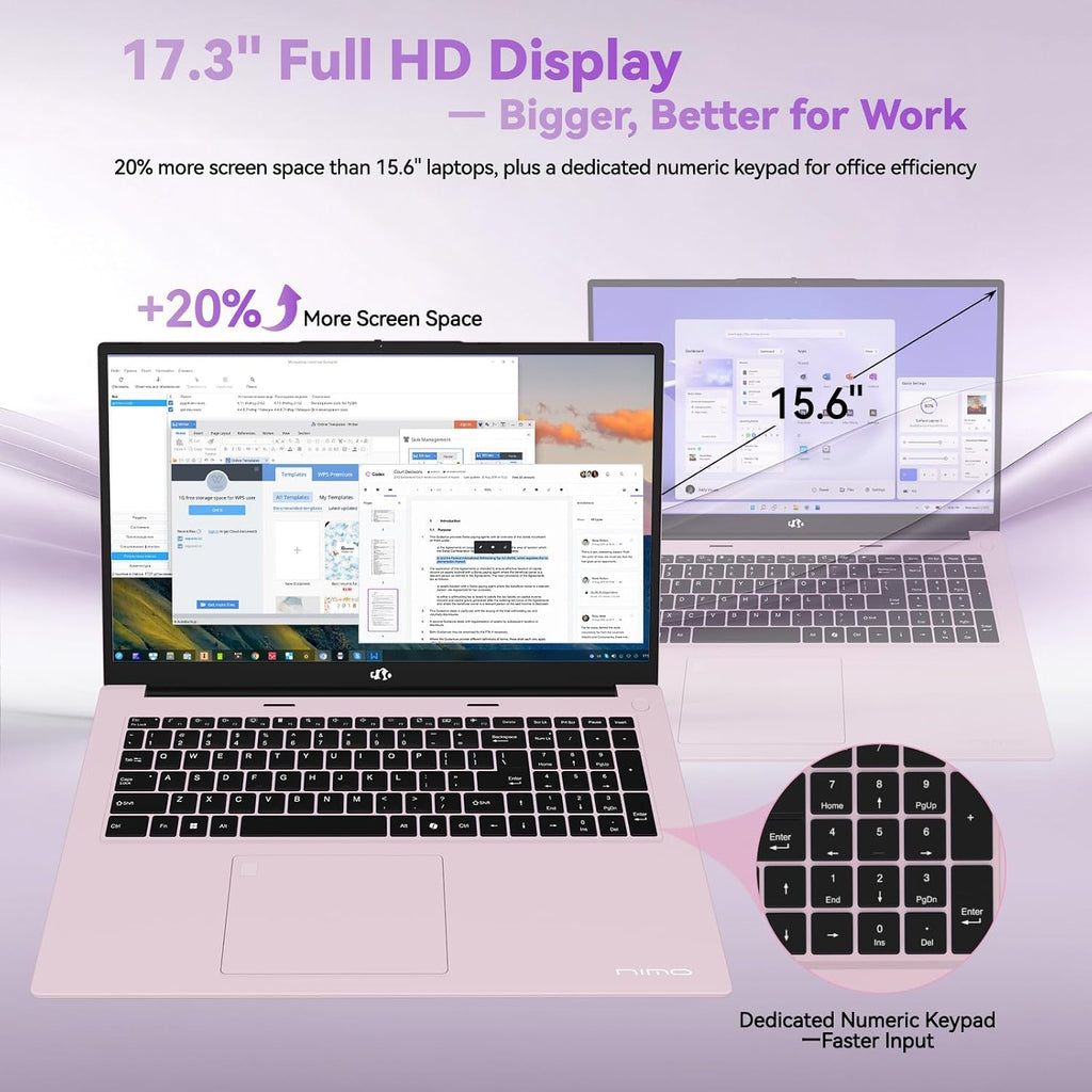 NIMO 17.3' Business-Laptop, AMD Ryzen 7 7735HS (8C/16T), 64GB RAM 2TB NVMe SSD, Radeon 680M for Light Gaming, PD 100W Type-C WiFi-6E BT5.2 Fingerprint Unlock Backlit Keyboard for Working & Student