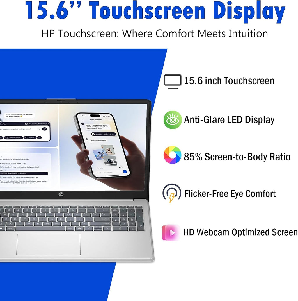 HP 15.6 Laptop Computer 2026, 16GB RAM, 512GB SSD, 15.6'' Touchscreen Anti-Glare Display, Windows 11 Pro, AI Copilot, Intel 13th Gen Core i3(Up to 4.5GHz), w/Patented Accessory