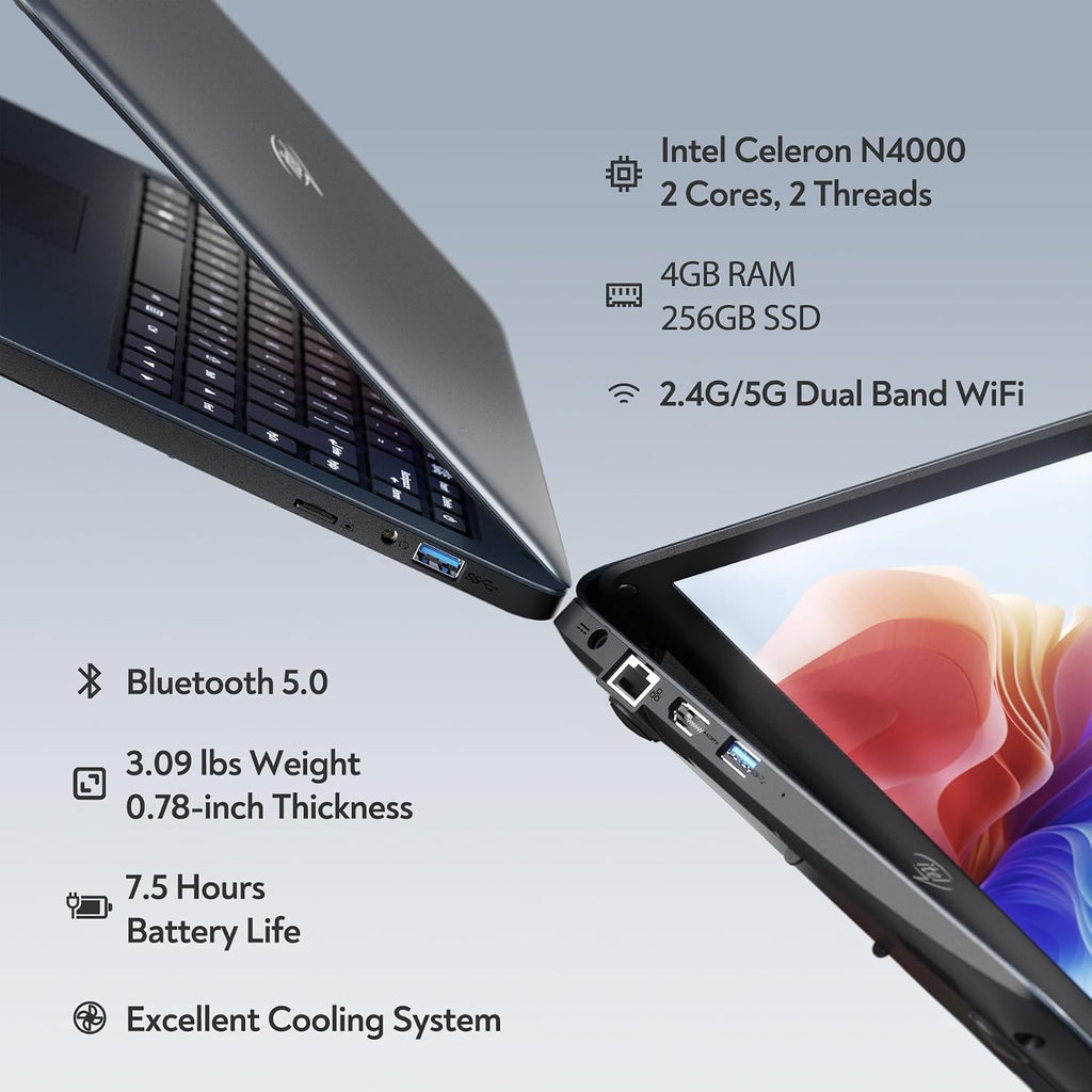 14' Itel Laptop Computer, Celeron N4000 (Dual-Core) | 4GB RAM | 256GB SSD | Ultra Slim Design | HDMI & USB 3.2 | 2.4G/5G WiFi | Webcam | for Study Business