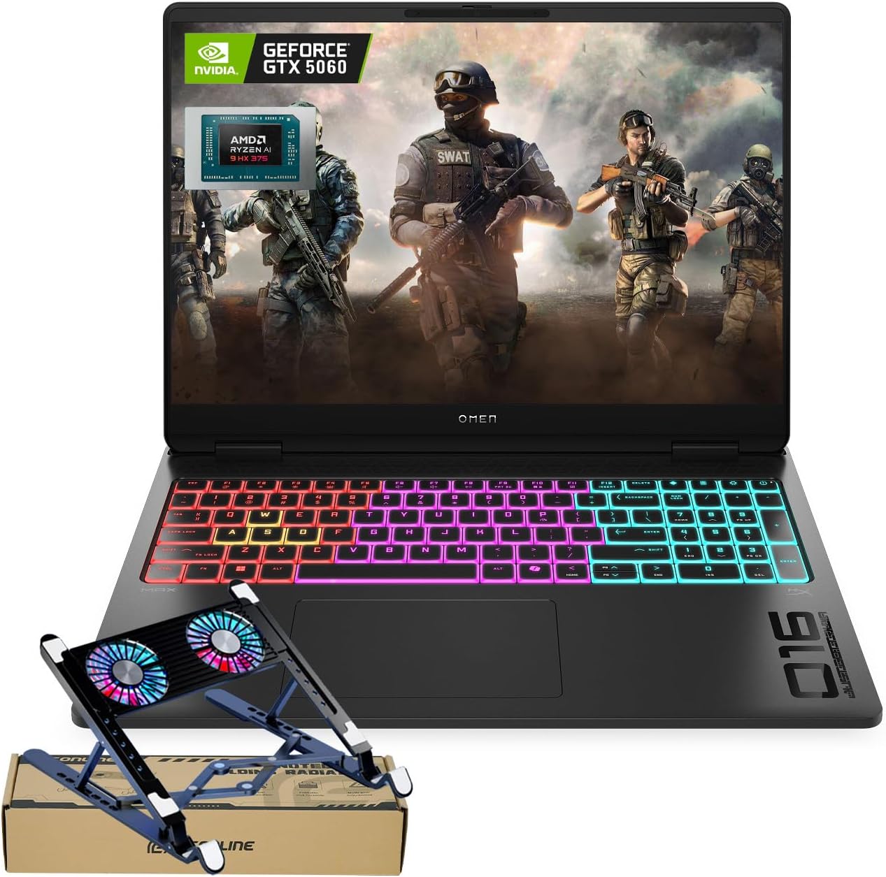 HP Omen MAX 16 RTX 5060 Pro Gaming Laptop, 16' WQXGA 240Hz, AMD Ryzen AI 9 HX 375(Beats Intel i9), NVIDIA RTX 5060, 16GB DDR5 RAM, 1TB SSD, RGB Keyboard, Wi-Fi 7, W11 P, Bundle with PCO Laptop Cooler