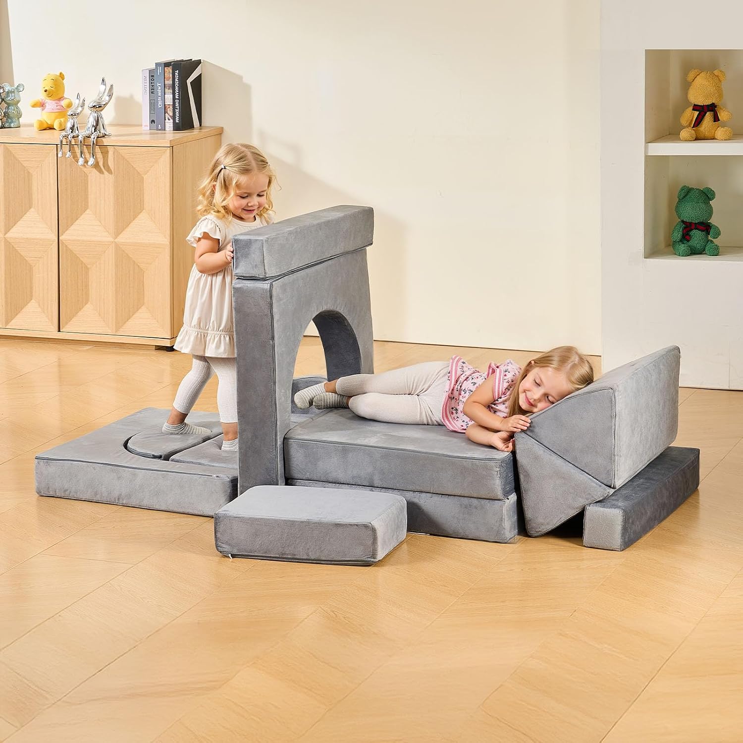 VEVOR Modular Kids Play Couch, Sectional Toddler Sofa with Armrests, 28D Sponge & Short Pile, Convertible Kids Modular Couch DIY Creative Combination for Playroom, Bedroom, Living Room, 14 Pcs, Gray