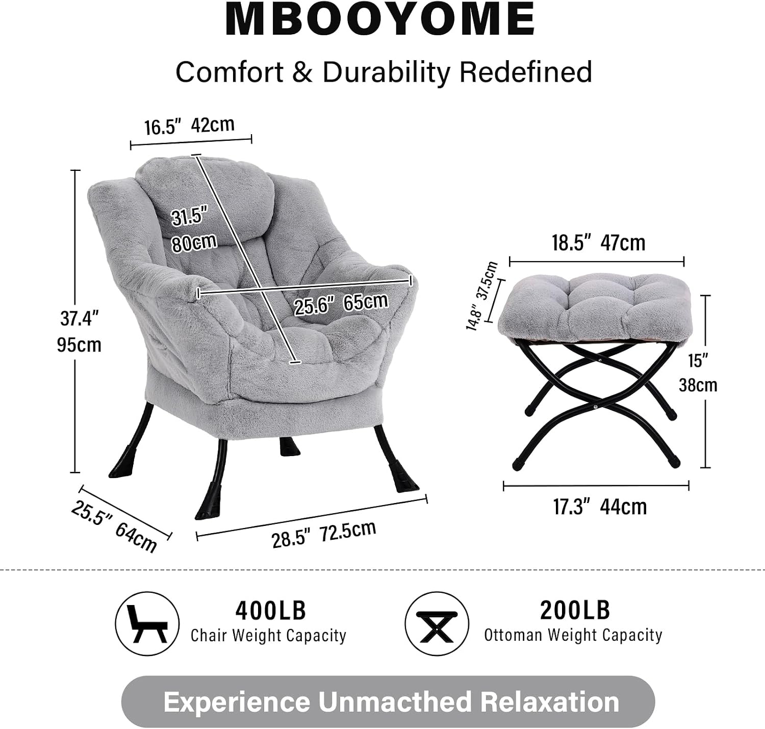 MBOOYOME Lazy Chair with Folding Ottoman, Modern Accent Armchair with Armrests and a Side Pocket & Foldable Footstool, Reading Chair for Living Room, Bedroom, Dorm & Office, Plush Grey