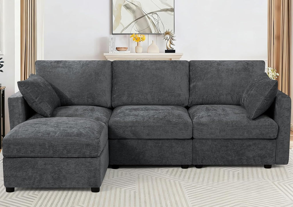 84' Chenille 3-Seats Sofa W/Movable Ottoman, Modern Fabric L-Shaped Couch w/Soft Backrests, Upholstered Sectional Sofa w/Arm Pillows for Living Room, Office, Grey