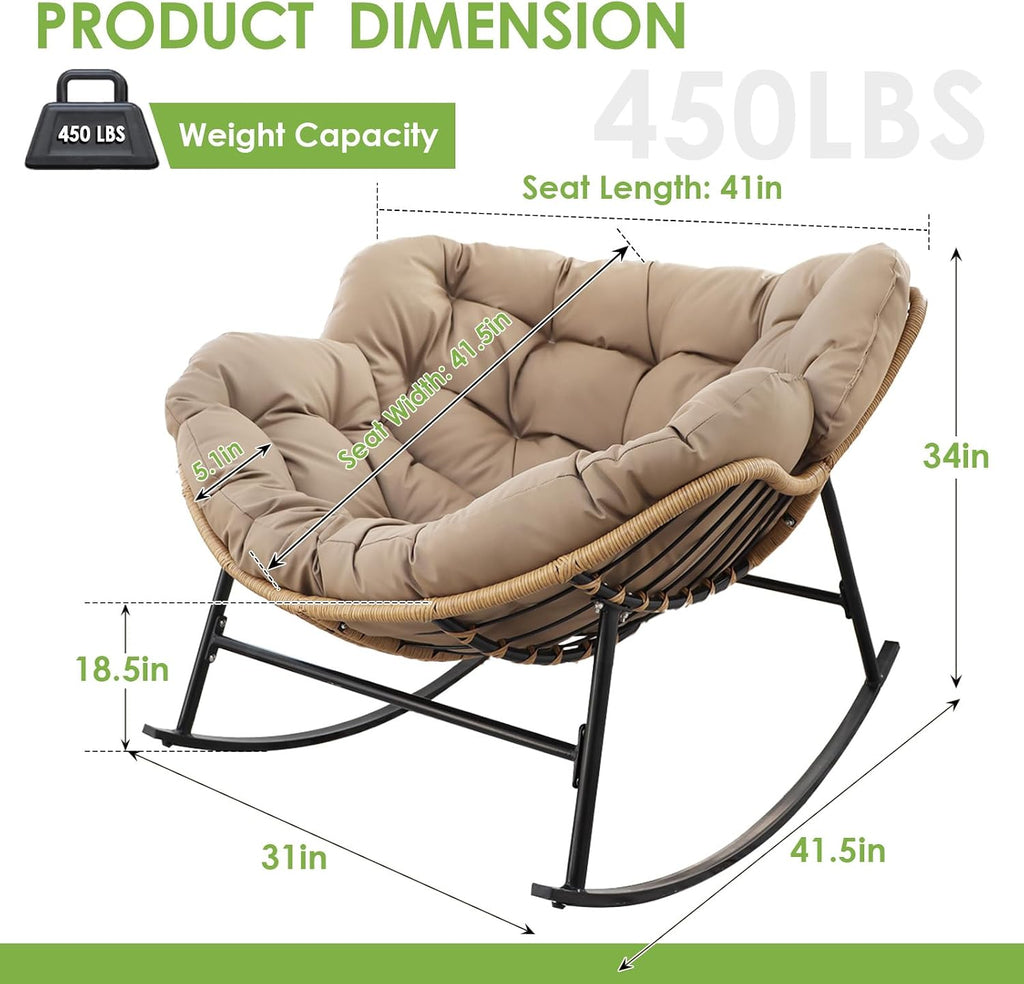 RADIATA Rocking Papasan Chair Outdoor with Cushion, Oversized Extra Large Padded Patio Lounge Chairs, Deep Wide Royal Rocking Chair with 450 lbs Capacity for Backyard, Outside, Garden, Lawn, Brown
