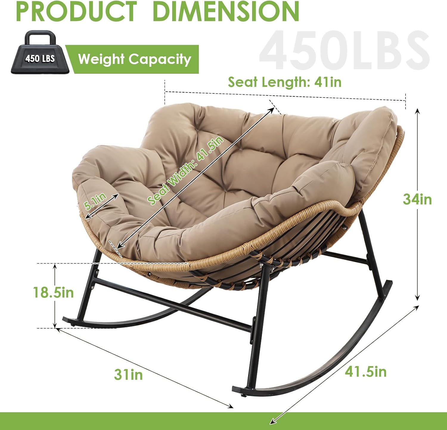RADIATA Rocking Papasan Chair Outdoor with Cushion, Oversized Extra Large Padded Patio Lounge Chairs, Deep Wide Royal Rocking Chair with 450 lbs Capacity for Backyard, Outside, Garden, Lawn, Brown