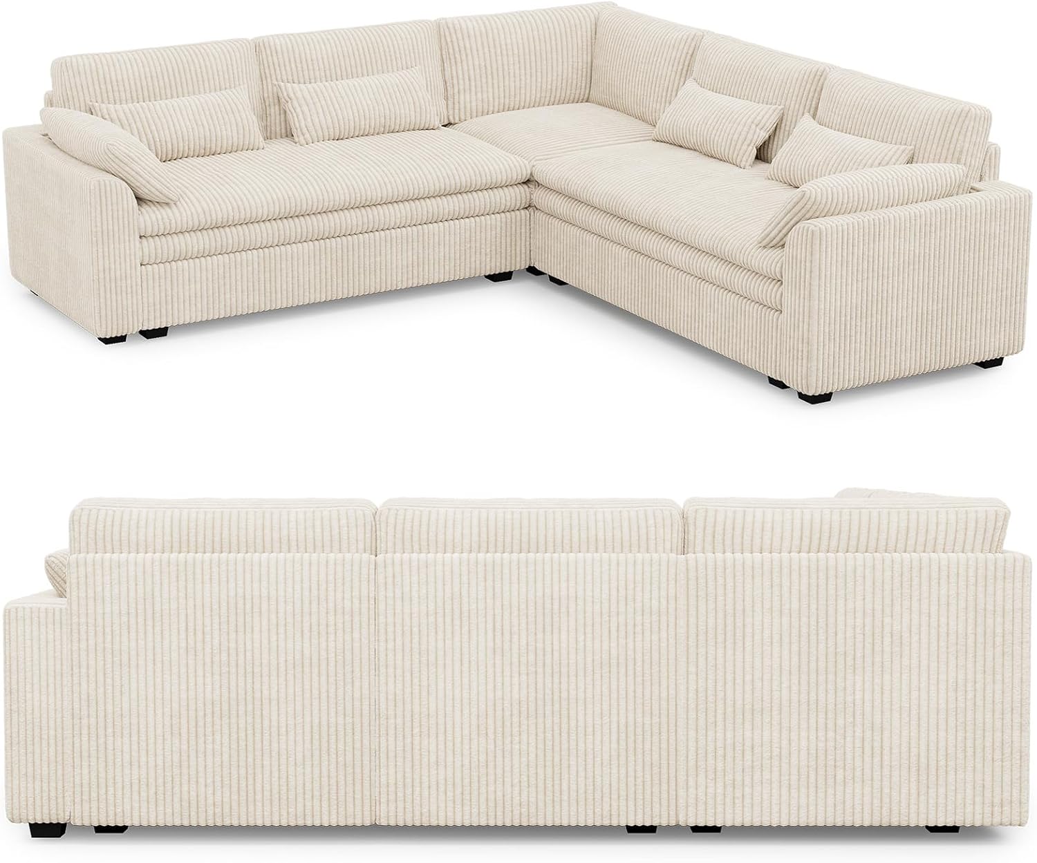 Belffin Large Modular Sectional Sofa with Double 61' Loveseat, Corduroy Corner Couch with 9' Soft Dual-Layer Seats Cushion for Living Room, Apartment, Small Sapce, Beige
