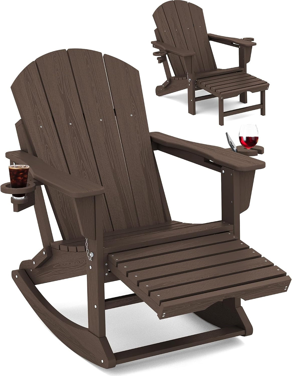 KINGYES Adirondack Rocking Chair with Retractable Ottoman and Cup Holders, HDPE Adirondack Rocker Patio Rocking Chair for Porch, Patio, Balcony, Coffee Brown