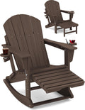 KINGYES Adirondack Rocking Chair with Retractable Ottoman and Cup Holders, HDPE Adirondack Rocker Patio Rocking Chair for Porch, Patio, Balcony, Coffee Brown