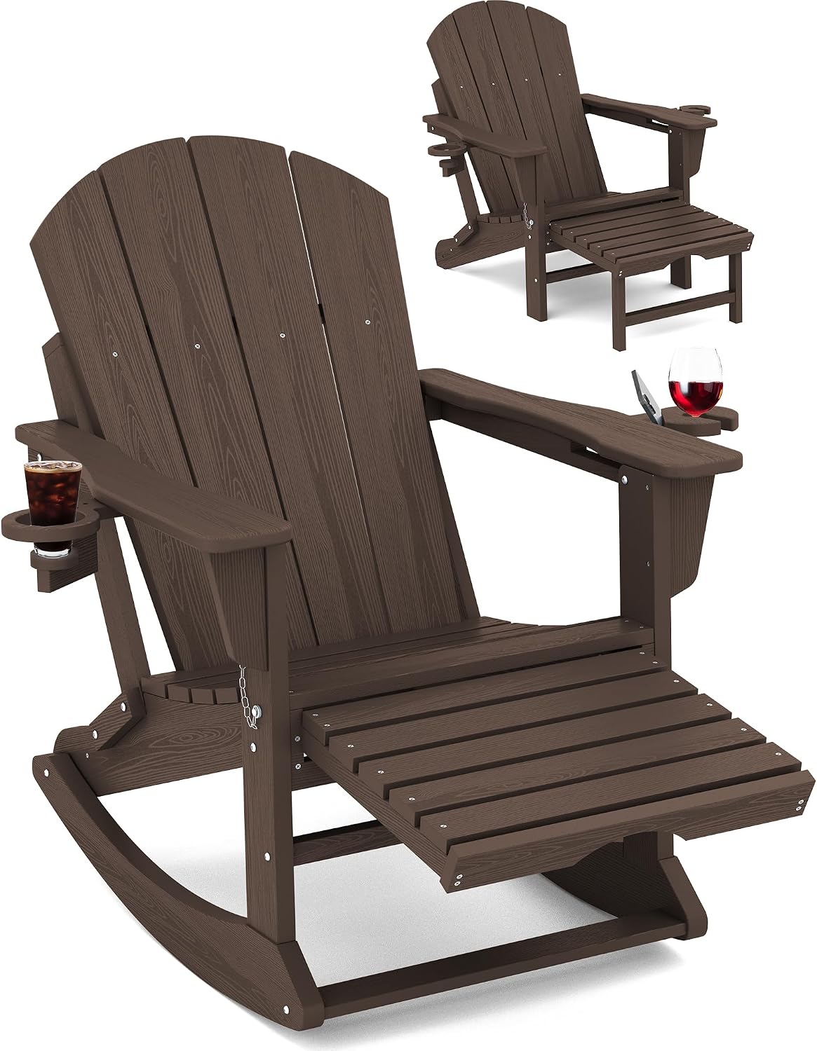 KINGYES Adirondack Rocking Chair with Retractable Ottoman and Cup Holders, HDPE Adirondack Rocker Patio Rocking Chair for Porch, Patio, Balcony, Coffee Brown