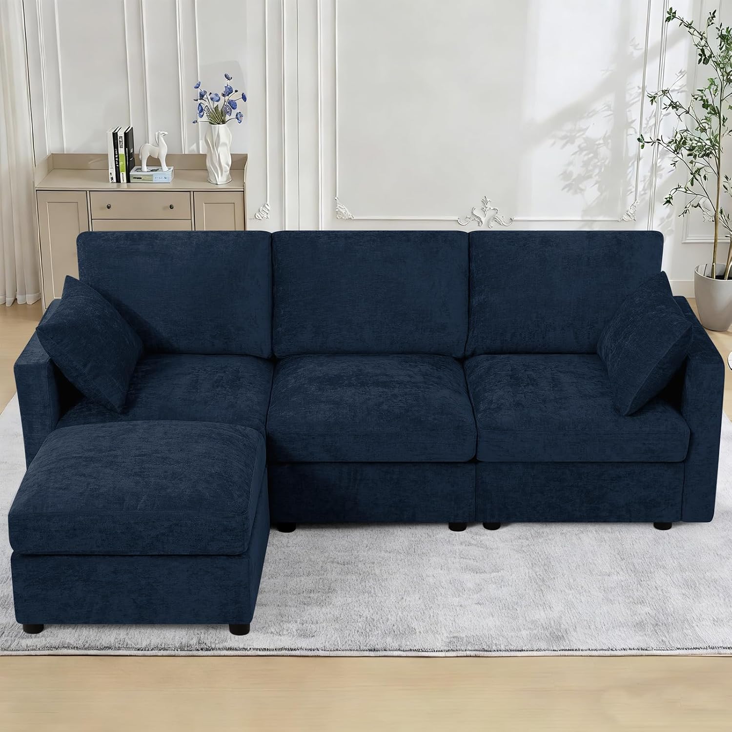 84' Chenille 3-Seats Sofa W/Movable Ottoman, Modern Fabric L-Shaped Couch w/Soft Backrests, Upholstered Sectional Sofa w/Arm Pillows for Living Room, Office, Blue