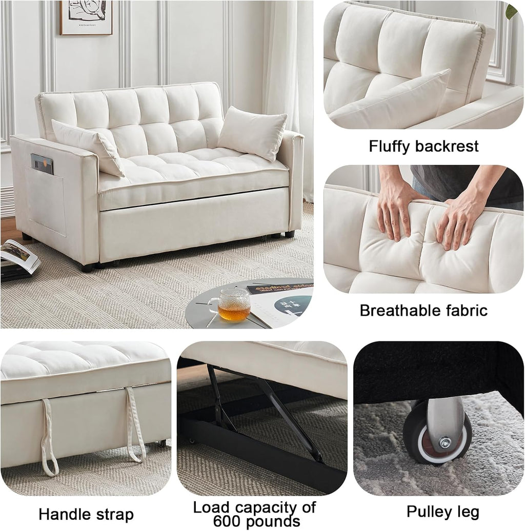 ECHINGLE Futon Sofa Bed, 3 in 1 Sleeper Sofa Couch Bed with Armrests, Storage Pockets and 2 Pillows, Adjustable Backrest, Sofa Bed Couch for Living Room, Bedroom, Office,Reading Room(Beige)