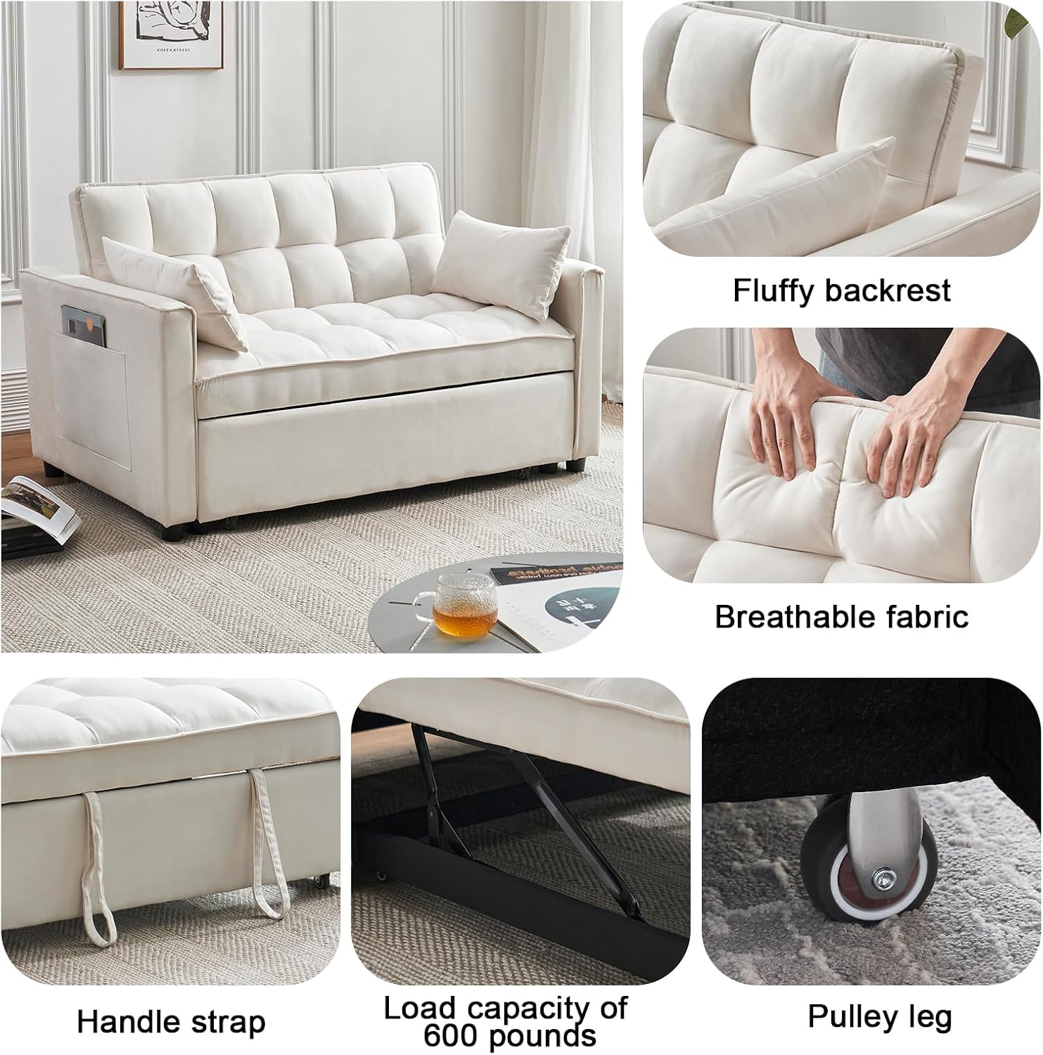 ECHINGLE Futon Sofa Bed, 3 in 1 Sleeper Sofa Couch Bed with Armrests, Storage Pockets and 2 Pillows, Adjustable Backrest, Sofa Bed Couch for Living Room, Bedroom, Office,Reading Room(Beige)