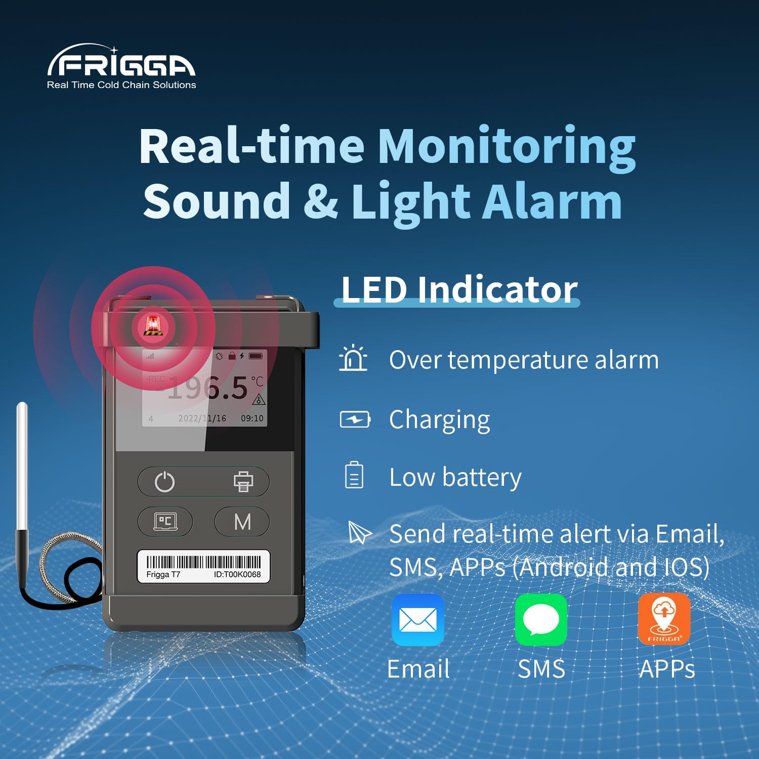 Frigga T72 4G/5G Temperature Monitor Real-Time Reusable Temperature Data Logger with Ultra-Low External Sensor Remote Digital Refrigerator Thermometer Rechargeable 24/7 Monitoring & Instant Alerts