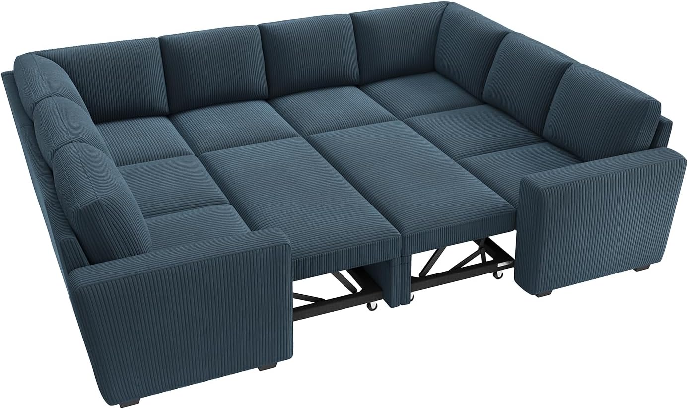 HONBAY Modular Sectional Couch with Pull Out Bed, Corduroy Sleeper Sofa with Storage Seats, U Shaped Sectional Couches for Living Room, Blue