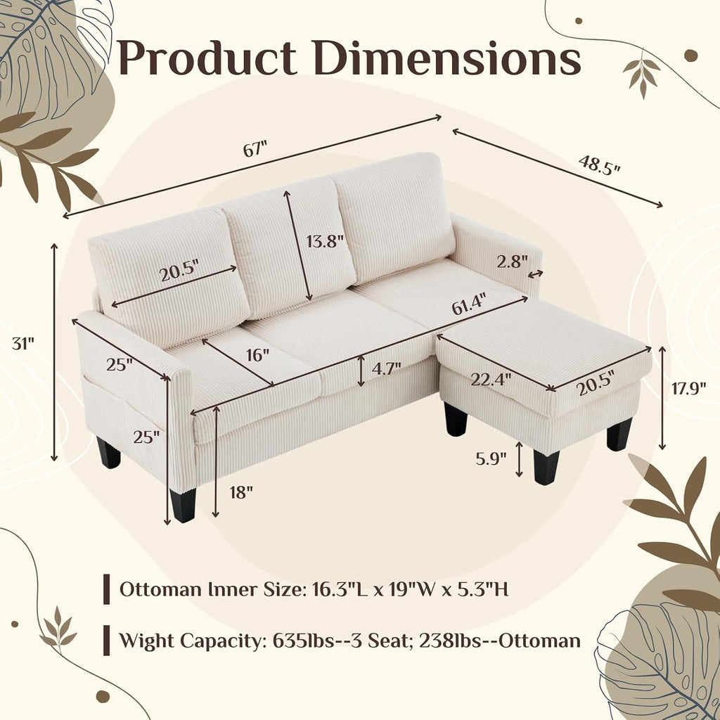 Karl home Small Sectional Couch L Shaped Sofa with Movable Storage Ottoman Corduroy Upholostered Sofa Chaise with Side Pockets for Living Room, Apartment, Studio, Beige