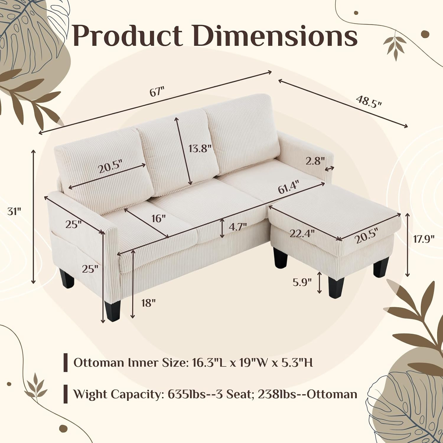 Karl home Small Sectional Couch L Shaped Sofa with Movable Storage Ottoman Corduroy Upholostered Sofa Chaise with Side Pockets for Living Room, Apartment, Studio, Beige