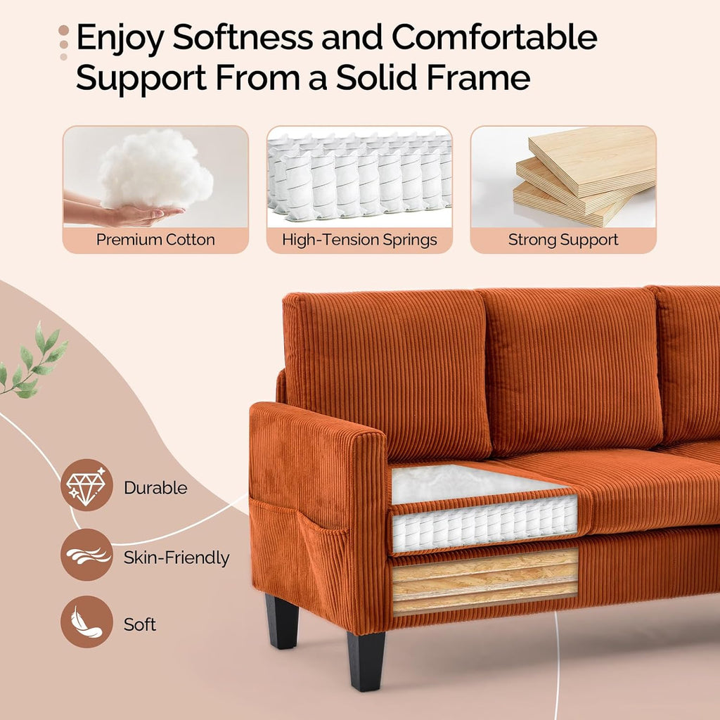 VINGLI 68.5' L Shaped Couch with Movable Storage Ottoman, Convertible Sectional Sofa in Soft Corduroy Fabric, Modern Reversible Chaise Couch for Small Spaces, Apartment, Living Room，Orange