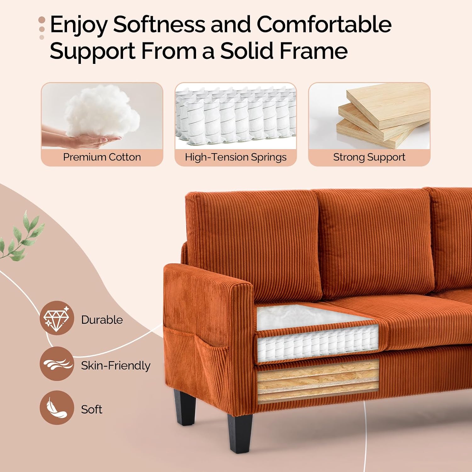 VINGLI 68.5' L Shaped Couch with Movable Storage Ottoman, Convertible Sectional Sofa in Soft Corduroy Fabric, Modern Reversible Chaise Couch for Small Spaces, Apartment, Living Room，Orange