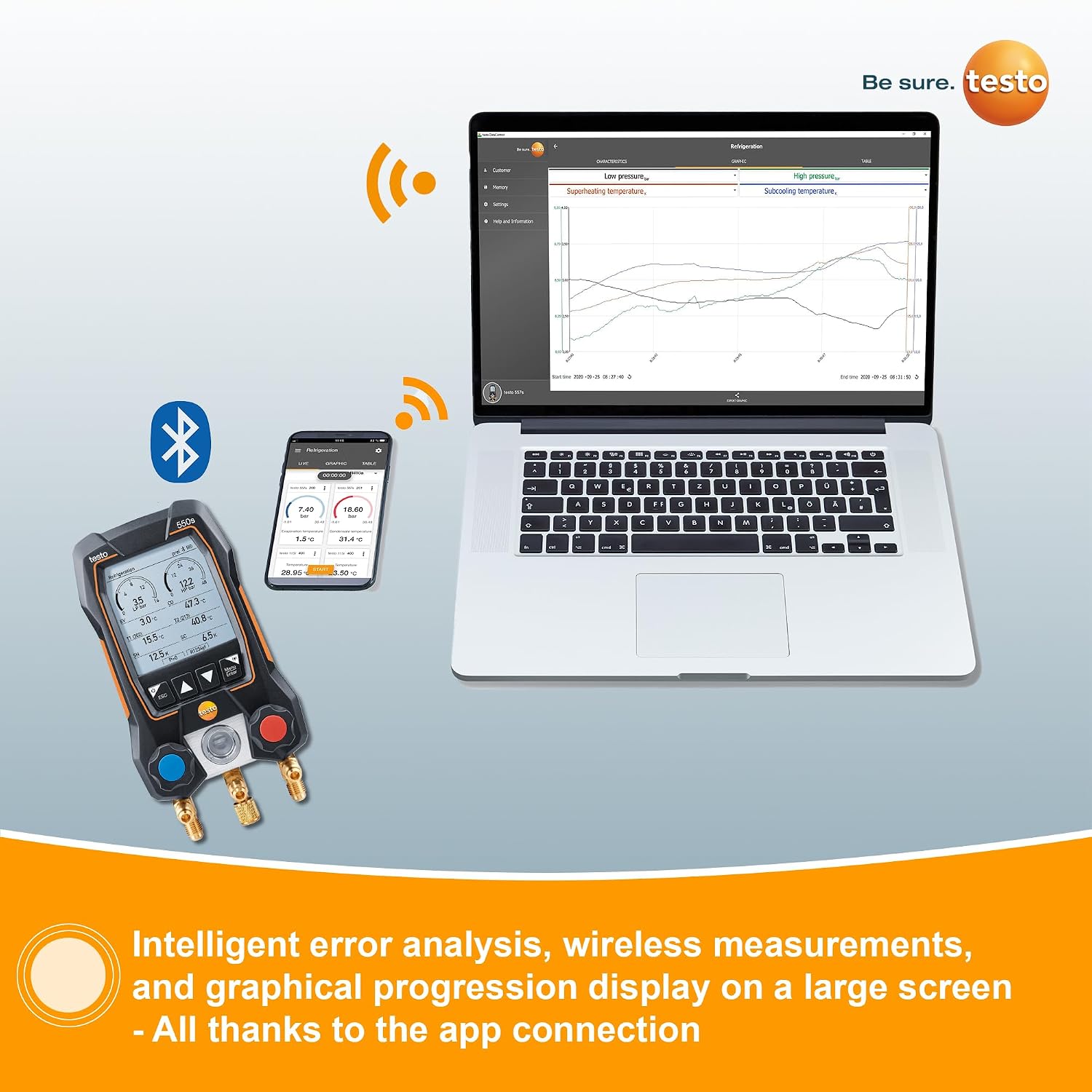 testo 550s AC Manifold Gauge Set – Manifold Gauges Hvac and Refrigeration – Incl. 2x testo 115i Pipe Clamp Thermometer, 1x testo 552i Micron Gauge Hvac - AC Recharge Kit with Bluetooth