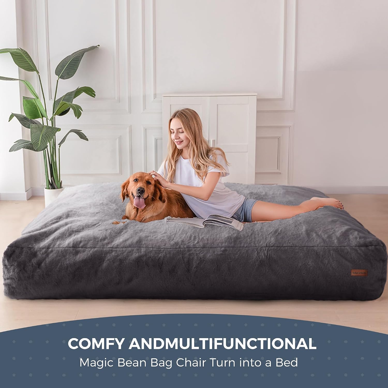 MAXYOYO Giant Bean Bag Chair Bed for Adults, Convertible Beanbag Folds from Lazy Chair to Floor Mattress Bed, Large Floor Sofa Couch, Big Sofa Bed, High-Density Foam Filling, Machine Washable