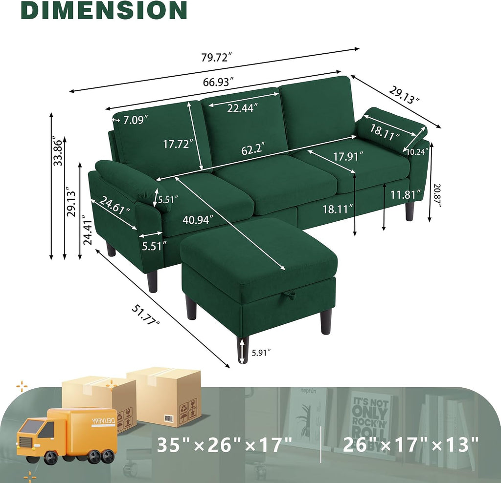 80' Convertible Sectional Sofa, Small L Shaped 3 Seat Couch with Reversible Storage Chaise, Modern Polyester Fabric Sofa Couches for Living Room, Apartment and Small Space, Green