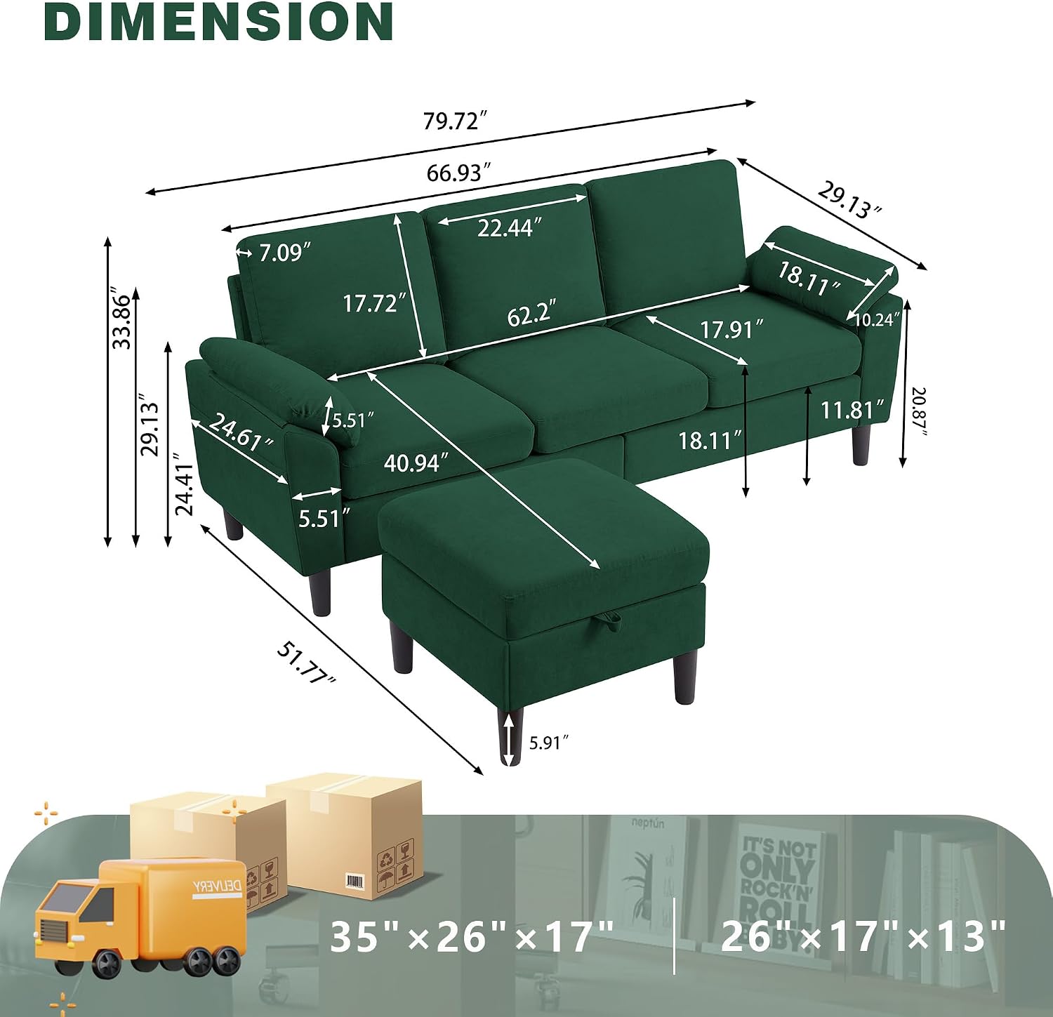 80' Convertible Sectional Sofa, Small L Shaped 3 Seat Couch with Reversible Storage Chaise, Modern Polyester Fabric Sofa Couches for Living Room, Apartment and Small Space, Green
