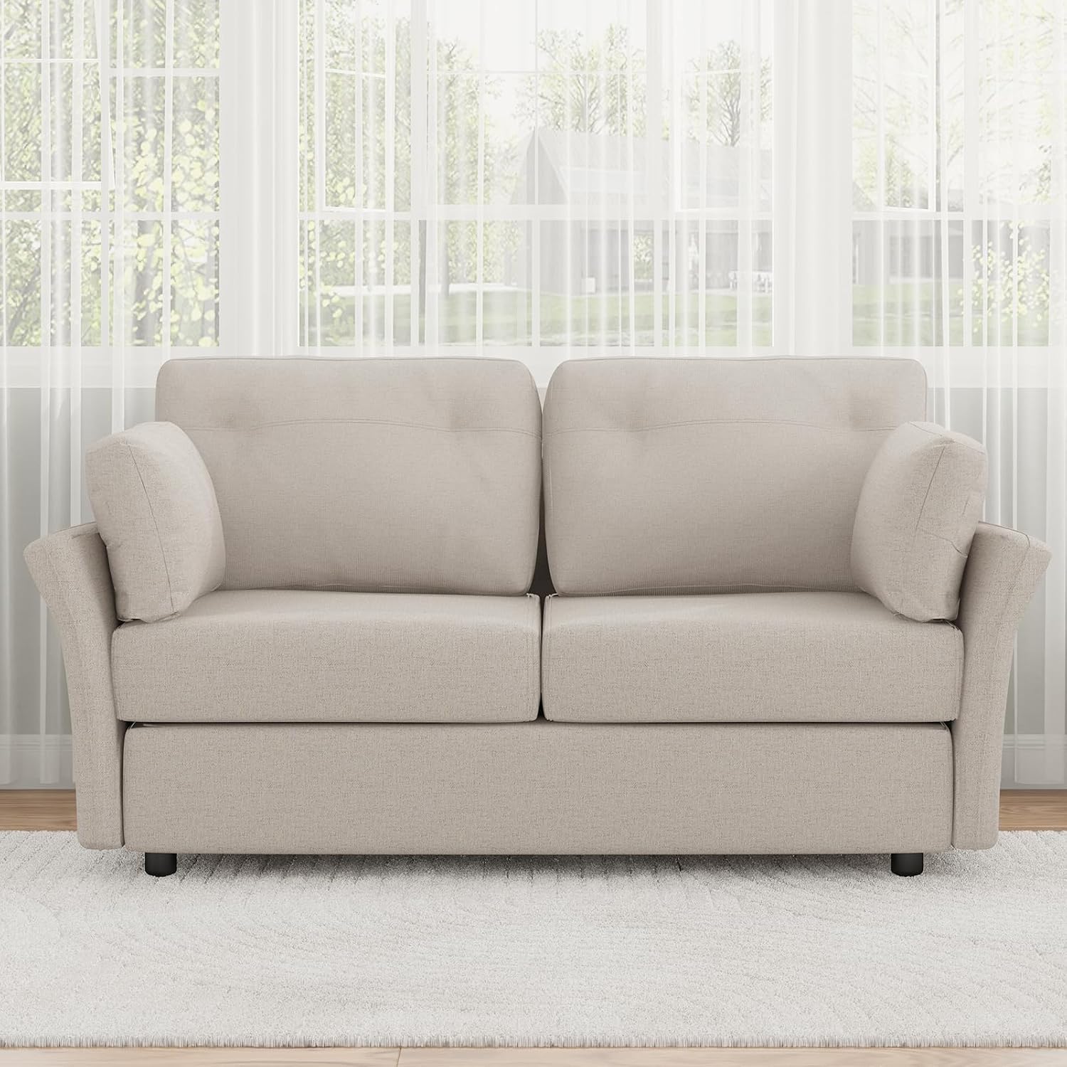 Novilla 57' Linen Loveseat - Small Sofa w/ 2 Bolster Pillows for Apartment, Easy Assembly, Beige