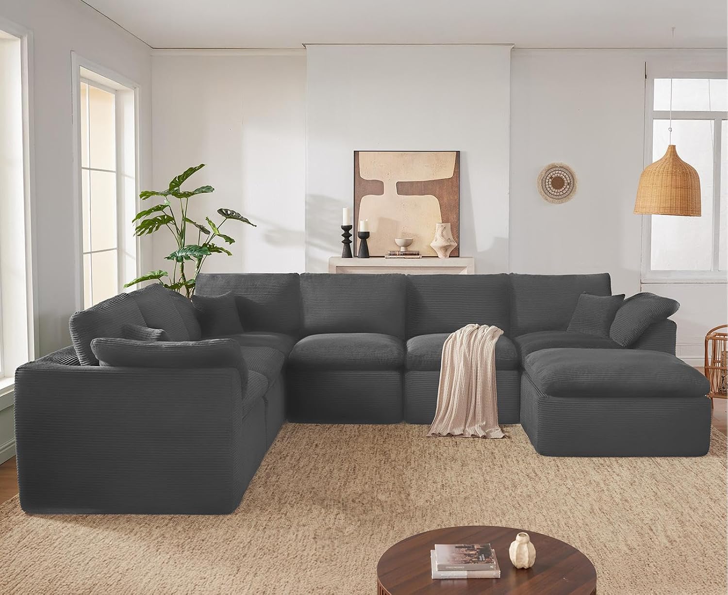 143' Cloud Sectional Couch, Boneless couches for Living Room, 7 Seater Large Modular Sectional Sofa with Deep Seat, Comfy Soft Cushions, No Assembly, Gray