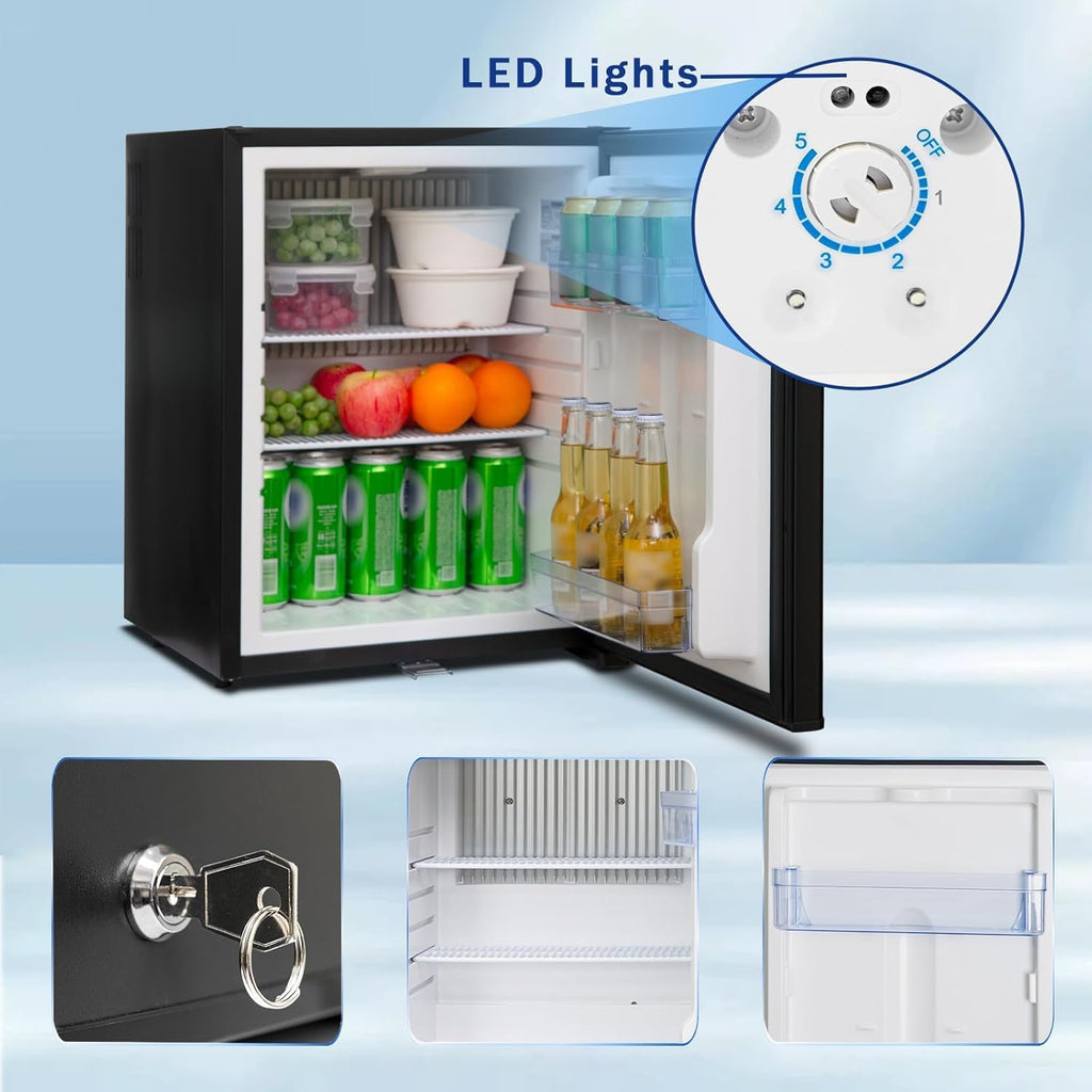 12V/110V Mini Fridge with Lock, AC/DC Compact Refrigerator, Reversible Door, Quiet Absorption Refrigerator for RV Camper, Caravan, Boat,1.4 Cu.Ft, Light, Black