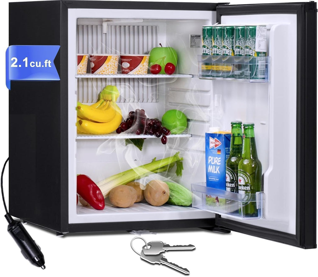 Smad Locking Mini Fridge 2.1 Cu Ft, Mini Fridge with Lock, 12V RV Refrigerator 2 Ways 12V DC/110V AC Semi Truck Refrigerator for RV, Truck, Office, Reversible Door, Black