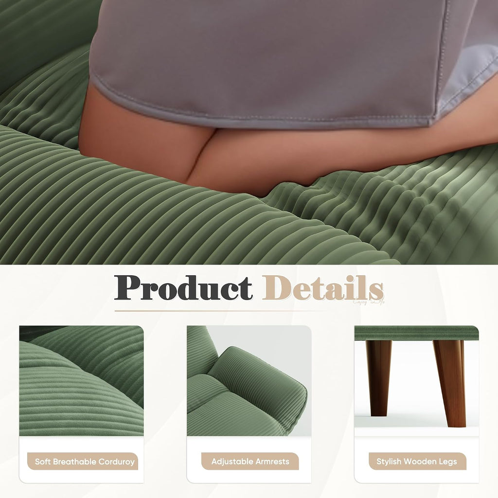 Homall Futon Sofa Bed, Modern Loveseat Futon Couch with Adjustable Backrest and Armrests, Sleeper Sofa Bed with Wood Frame for Living Room, Office, Apartment (Corduroy, Green)