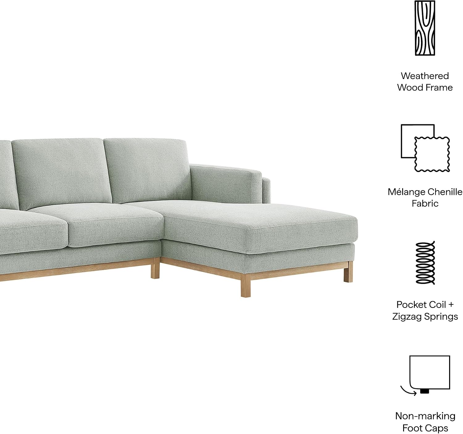 Modway Roscoe Right-Facing Sectional Sofa with Chaise in Mist - 2-Piece Mélange Chenille Fabric Deep Seat Couch, L Shaped Modular for Living Room or Lounge