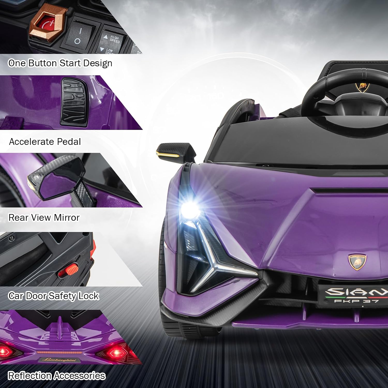INFANS 12V Licensed Lamborghini Sian Kids Ride On Car with Parent Remote Control, Spring Suspension, MP3 Player, Electric Toy Roadster Carbon Fiber Textured for Toddler (Purple)