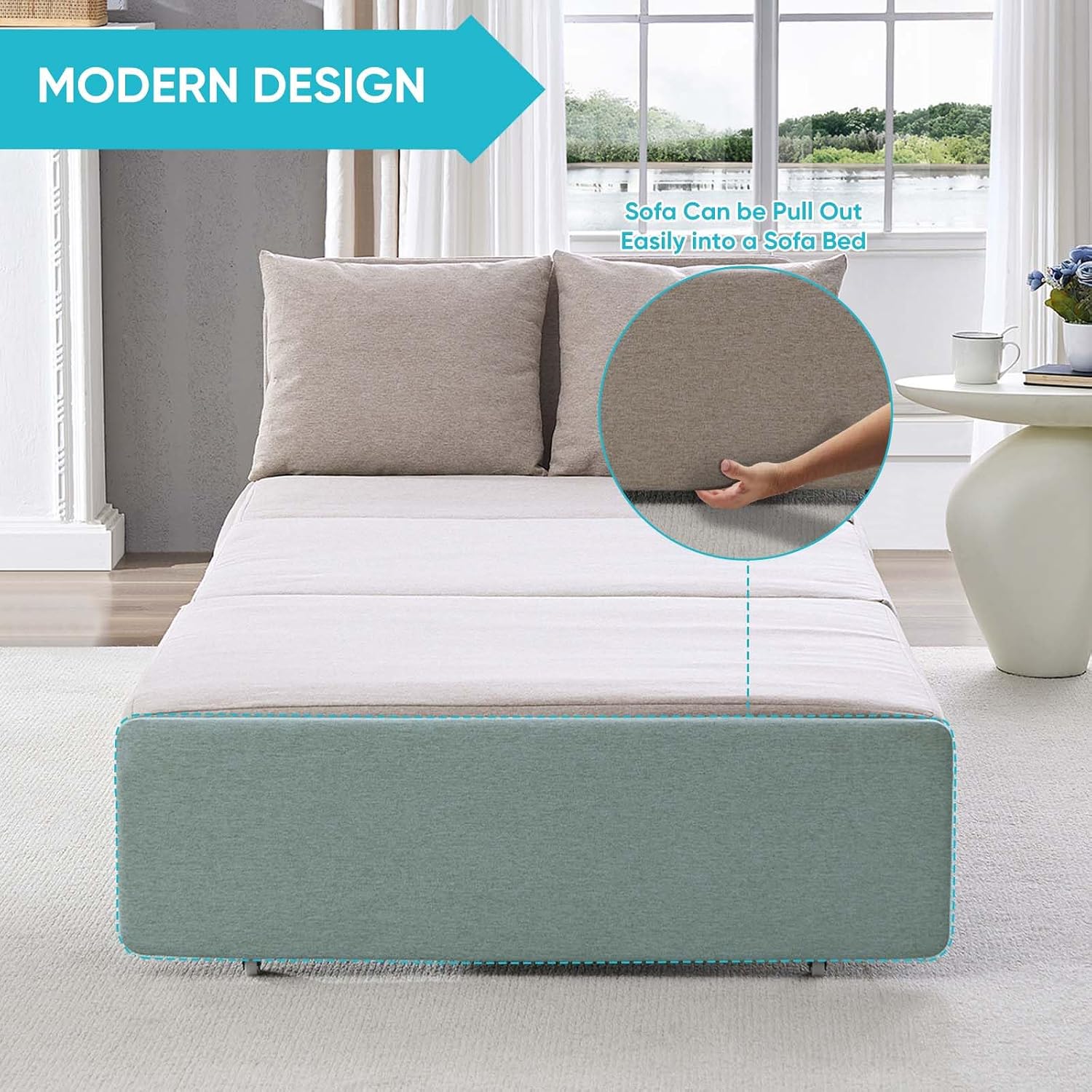 CECER 43.3' Twin Size Pull Out Sofa Bed, Pull Out Couch Bed with 2 Pillows, Linen Convertible Sleeper Sofa with Foldable Mattress, 2 in 1 Armless Sleeper Sofa for Living Room (Beige)